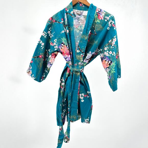 Vintage y2k Japanese Teal 100% Cotton Twill Child’s Kimono - Picture 1 of 7
